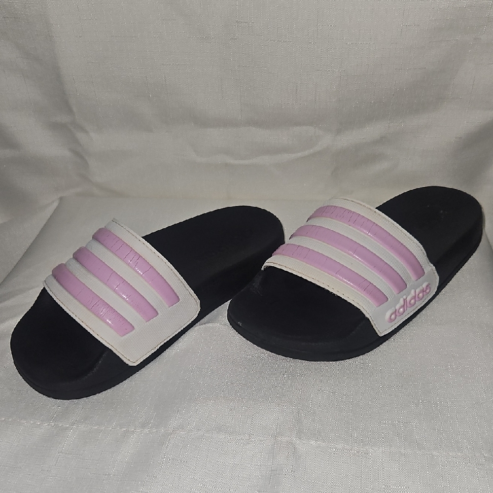Adidas Little Girls Black and Pink Slides